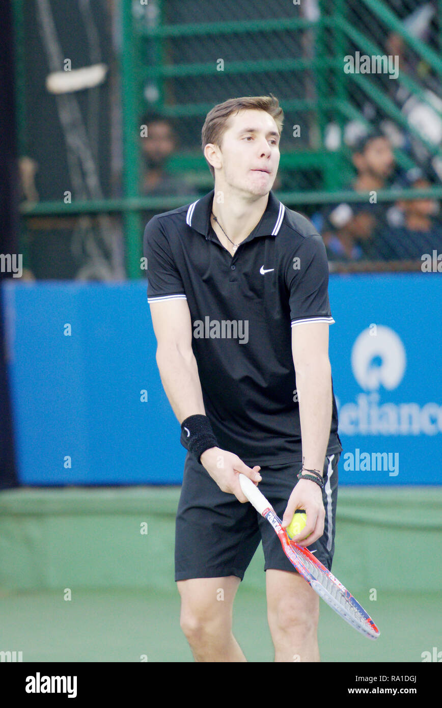 Pune, India. 30th December 2018. Egor Gerasimov of Belarus in action in the final round of qualifying singles competition at Tata Open Maharashtra ATP Tennis tournament in Pune, India. Credit: Karunesh Johri/Alamy Live News Stock Photo