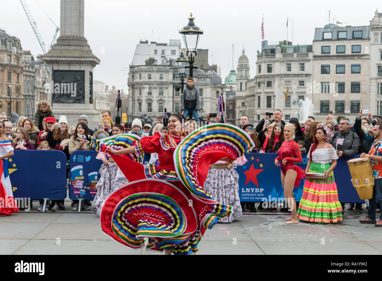 London, UK.  30 December 2018  Some of London New Year Day Parade’s best performers kick-starting festivities in front of the World famous National Gallery, Trafalgar Square, London, UK. Acts include Carnaval del Pueblo, which is a celebration of Latin American culture. It aims to increase awareness and understanding of the vibrant cultural heritage of the 19 Latin American countries.  Credit: Ilyas Ayub / Alamy Live News Stock Photo