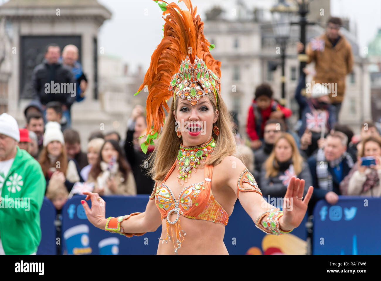 London, UK.  30 December 2018  Some of London New Year Day Parade’s best performers kick-starting festivities in front of the World famous National Gallery, Trafalgar Square, London, UK. Acts include The London School of Samba, which have been helping people to experience Brazilian Carnival culture since 1984.  Credit: Ilyas Ayub / Alamy Live News Stock Photo