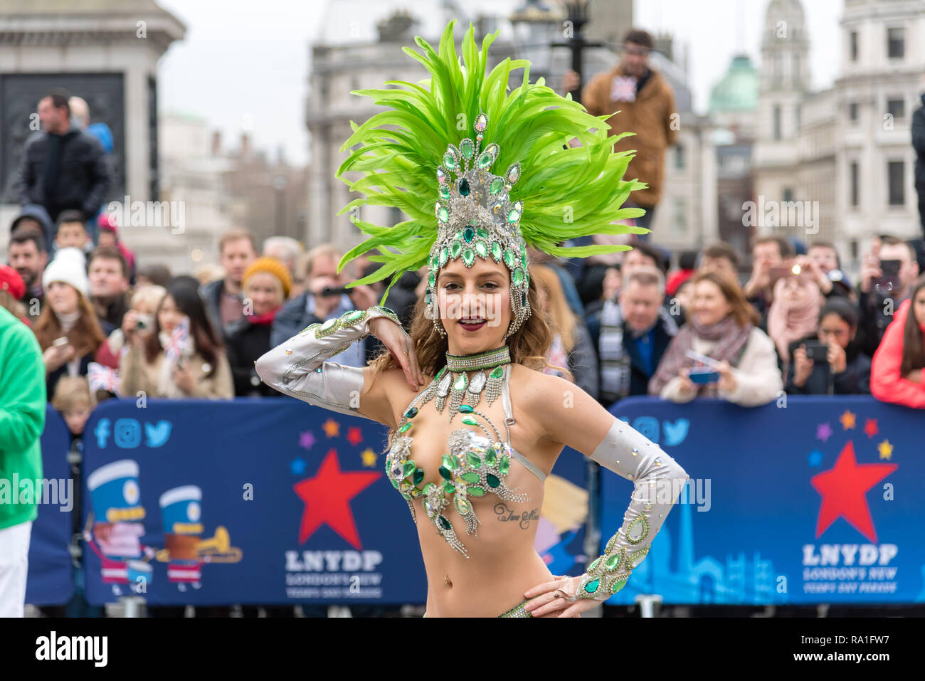 London, UK.  30 December 2018  Some of London New Year Day Parade’s best performers kick-starting festivities in front of the World famous National Gallery, Trafalgar Square, London, UK. Acts include The London School of Samba, which have been helping people to experience Brazilian Carnival culture since 1984.  Credit: Ilyas Ayub / Alamy Live News Stock Photo