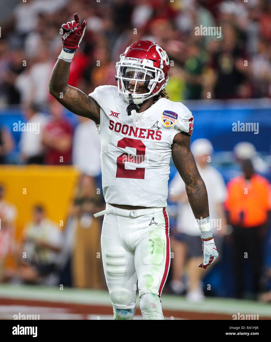 Miami Gardens, Florida, USA. 29th Dec, 2018. Oklahoma Sooners wide receiver  CeeDee Lamb (2) celebrates a team's touchdown against the Alabama Crimson  Tide during the college football playoff semifinal game at the