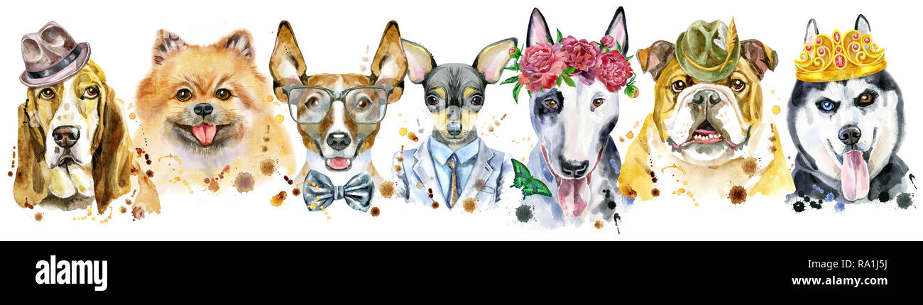 Cute border from watercolor portraits of dogs. For t-shirt graphics. Watercolor dogs illustration Stock Photo