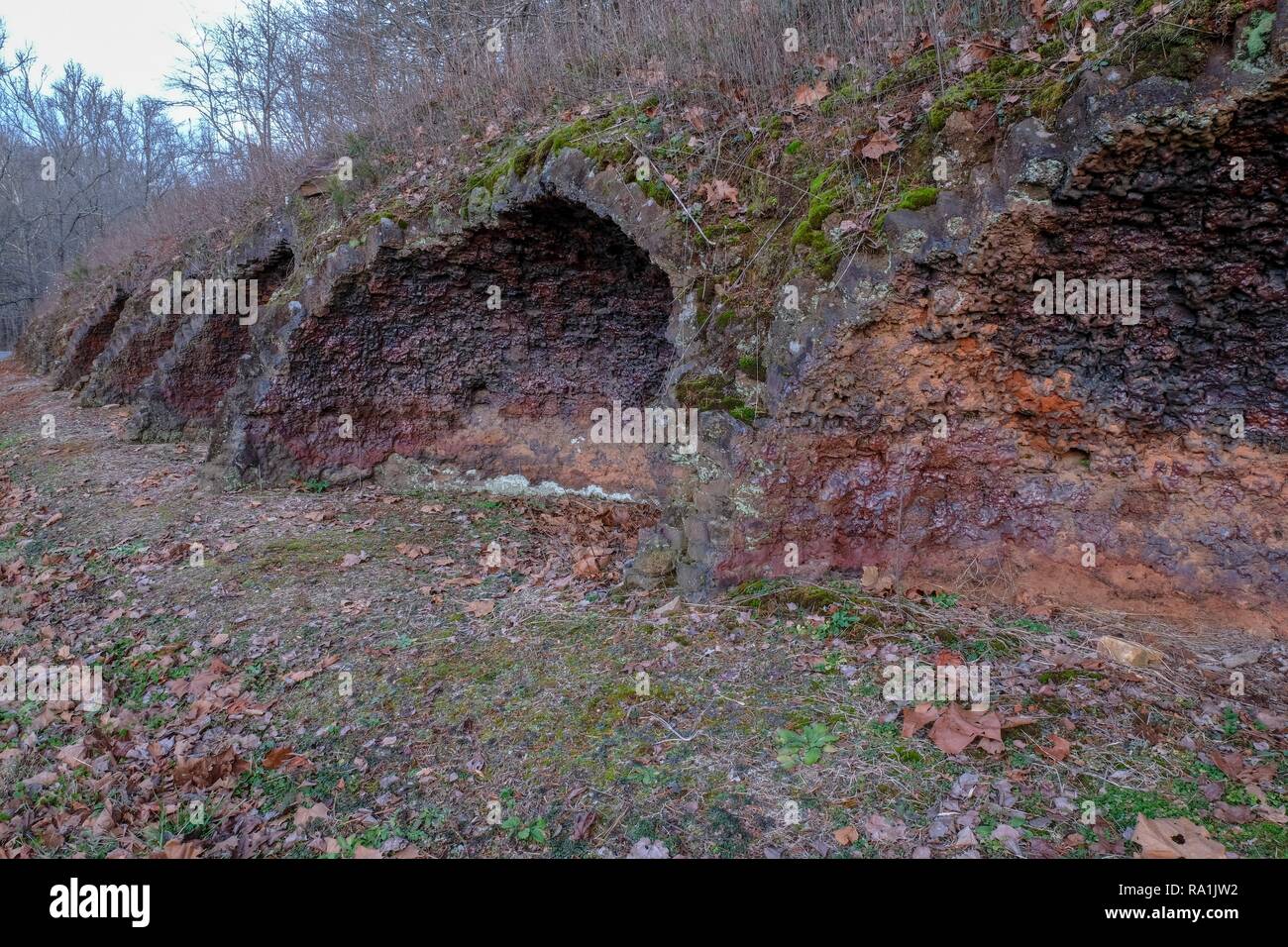 The remnants of coke ovens on a hillside at Grundy Lakes Park, South
