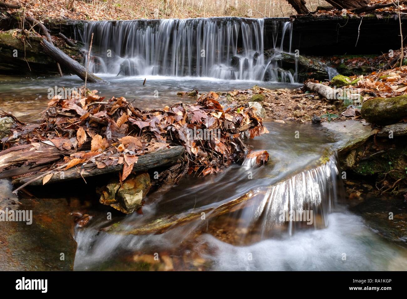 A small waterfall with a twirling pattern downstream of the big waterfall in Belvidere, Tennessee. Stock Photo