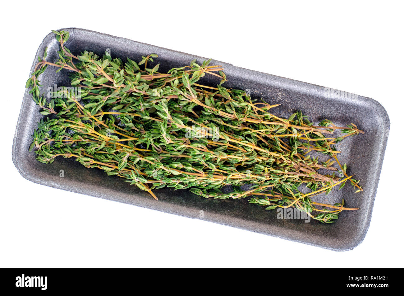 Thyme sprigs, mortar, pestle, herb for cooking. Studio Photo Stock