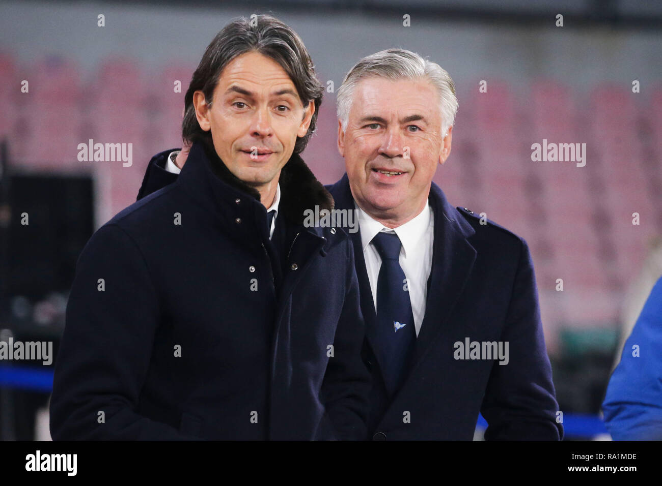 Napoli, Campania, Italy, 29-12-18, Serie A football match SSC Napoli - Bologna at the San Paolo Stadium in picture Filippo Inzaghi (L) coach of the Bo Stock Photo