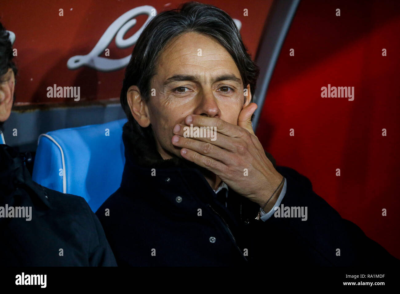 Napoli, Campania, Italy, 29-12-18, Serie A football match SSC Napoli - Bologna at the San Paolo Stadium in picture Filippo Inzaghi coach of the Bologn Stock Photo