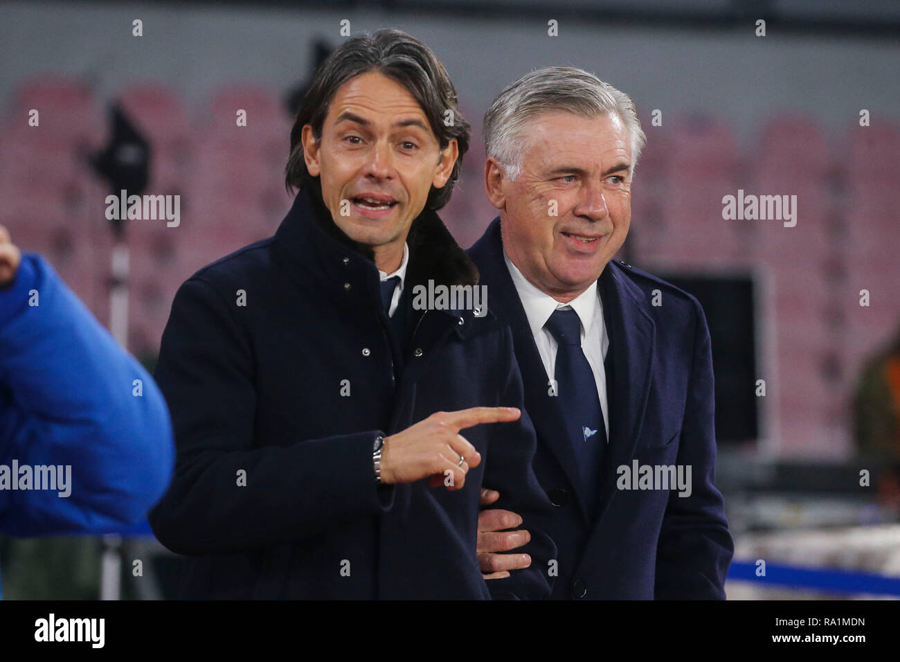 Napoli, Campania, Italy, 29-12-18, Serie A football match SSC Napoli - Bologna at the San Paolo Stadium in picture Filippo Inzaghi (L) coach of the Bo Stock Photo