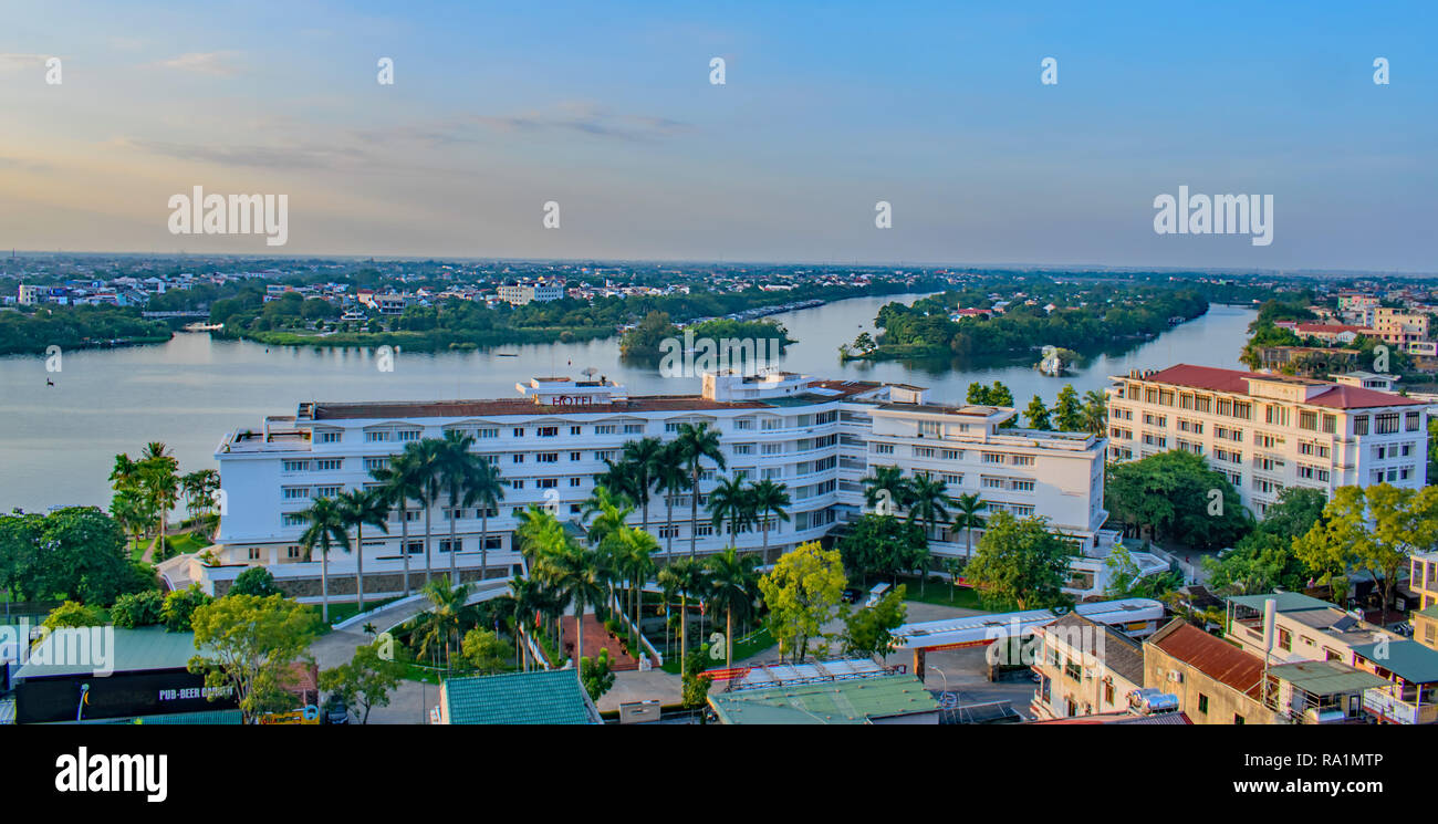 A high viewdown onto the Perfume river at Hue, Vietnam in the evening Stock Photo