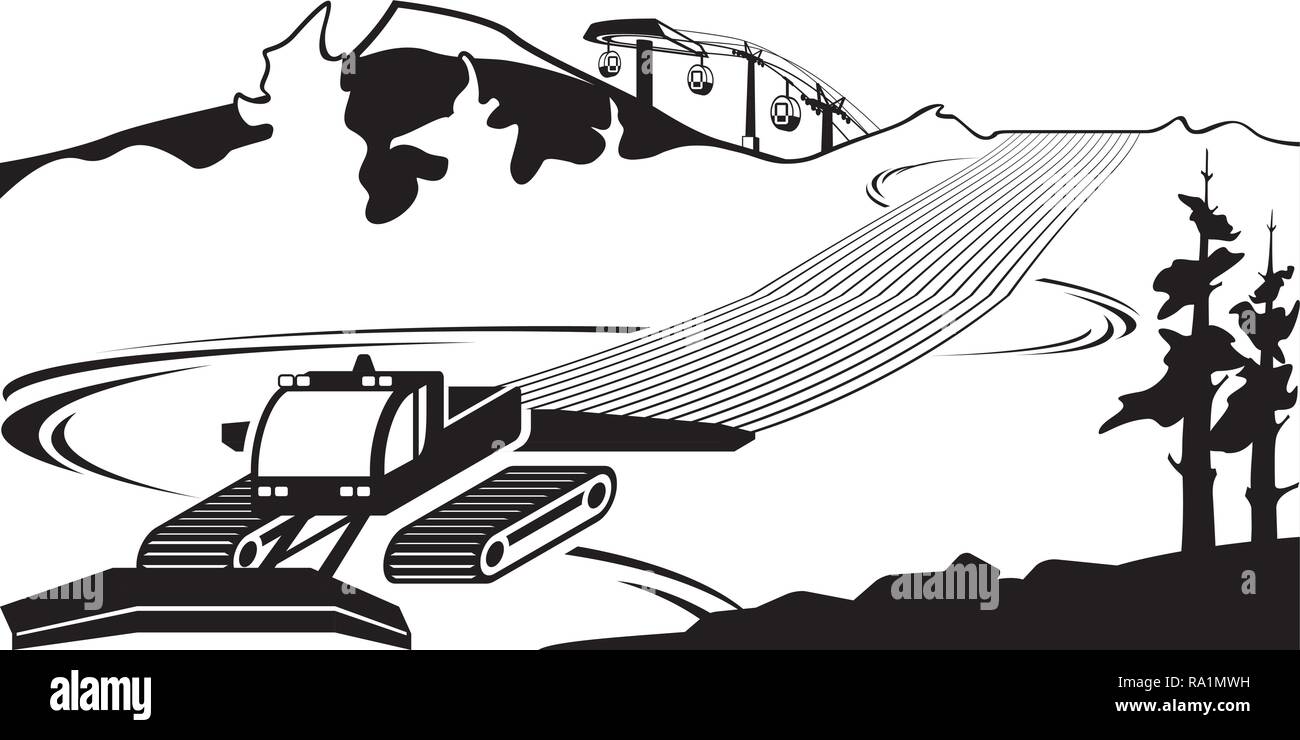 Snow plow clears slots on ski slope - vector illustration Stock Vector