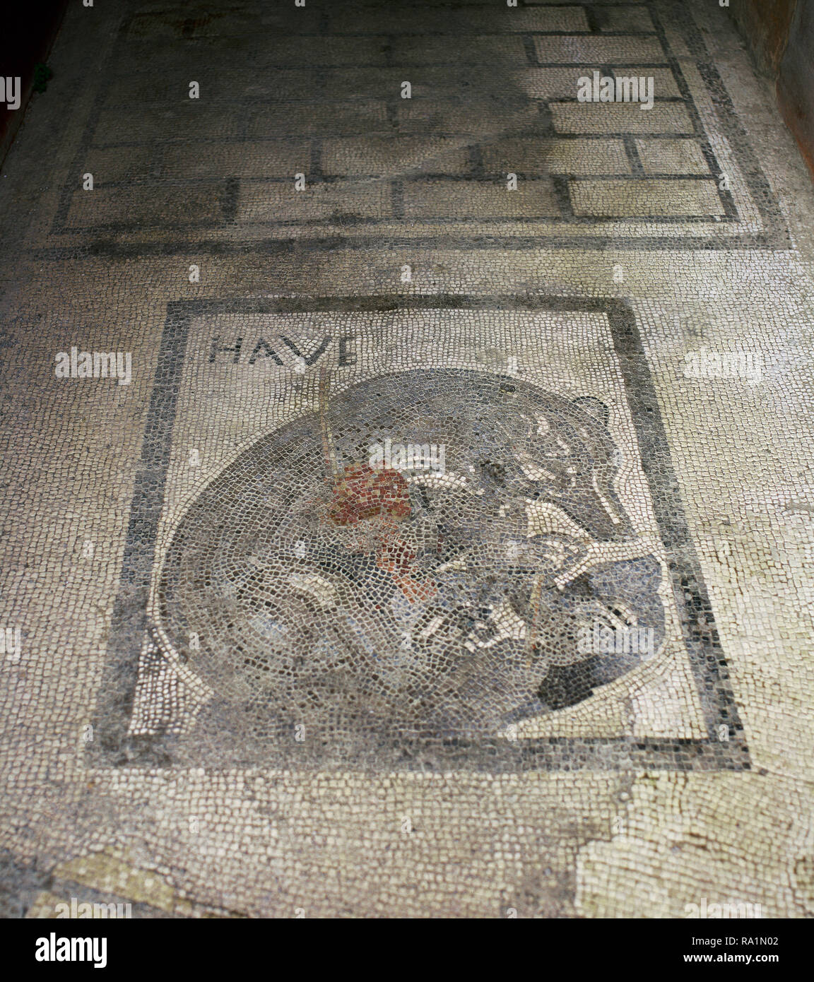Italy. Pompeii. House of the wounded Bear, dated back to the middle of the 1st century AD. Mosaic with a wounded bear by a spear, which is flanked by the welcome text 'HAVE'. House of the Bear (VII, 2, 45). Campania. Stock Photo
