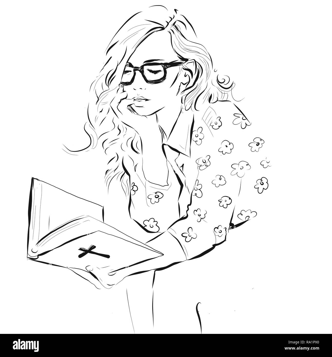 Girl Reading Bible Black And White Illustration Stock Photo Alamy   Girl Reading Bible Black And White Illustration RA1PX0 