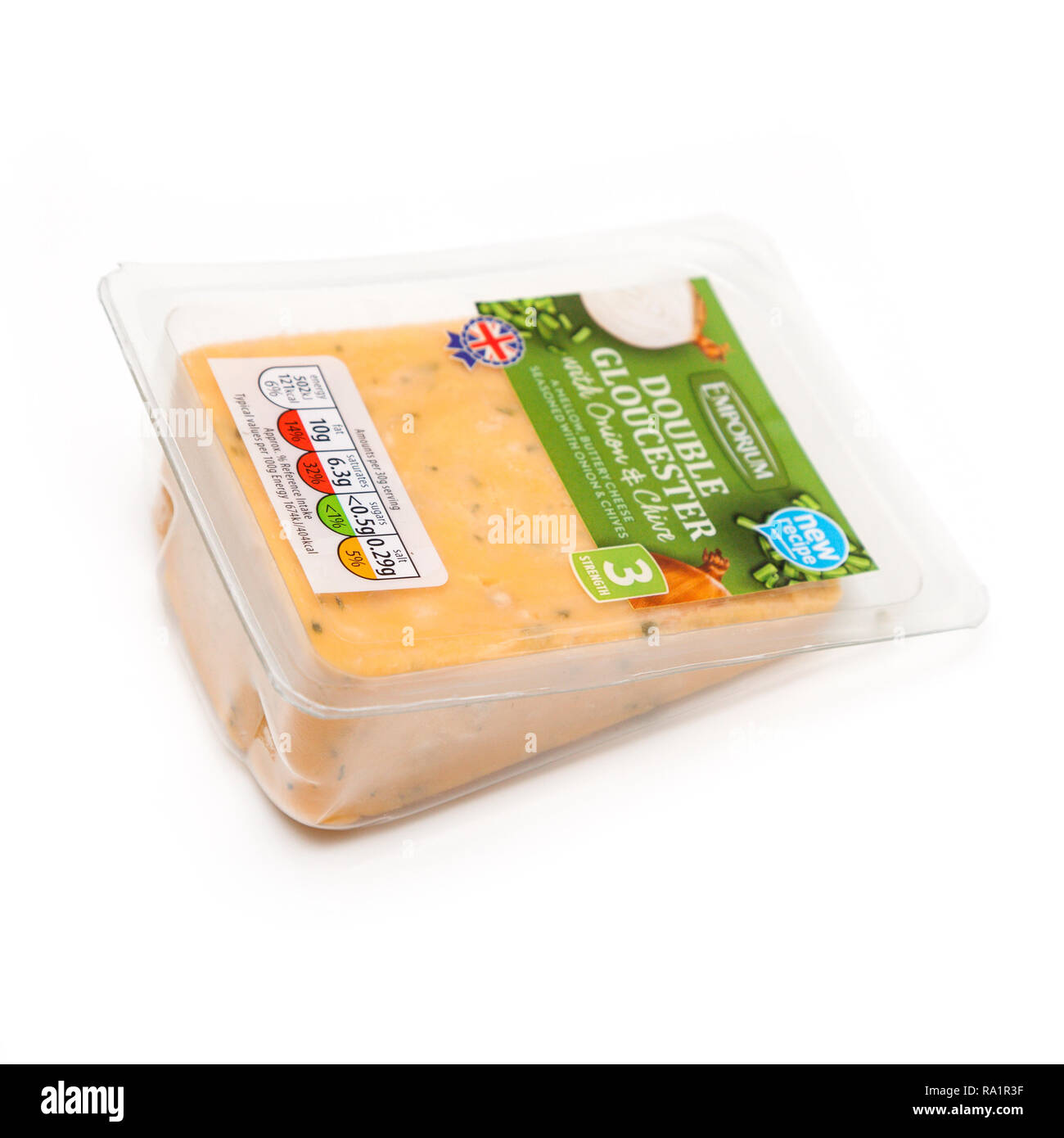 Double Gloucester cheese with onions and chives isolated on a white