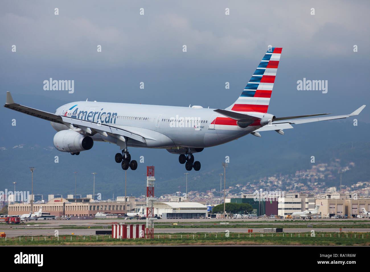 Barcelona, Spain - September 16, 2018: American Airlines Airbus A330-200 landing at El Prat Airport in Barcelona, Spain. Stock Photo