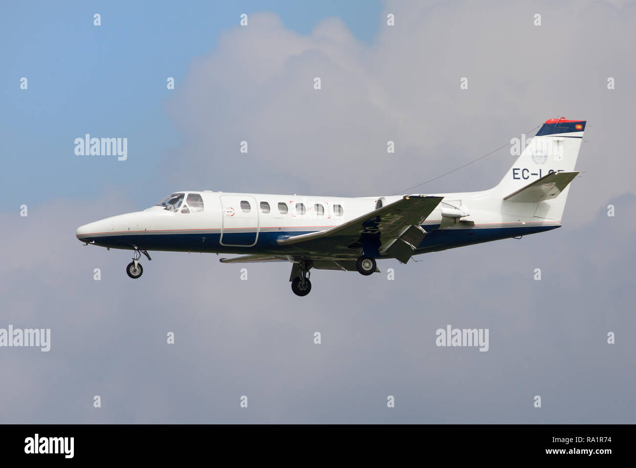 Barcelona, Spain - September 16, 2018: Clipper Jet Cessna Citation II approaching to El Prat Airport in Barcelona, Spain. Stock Photo