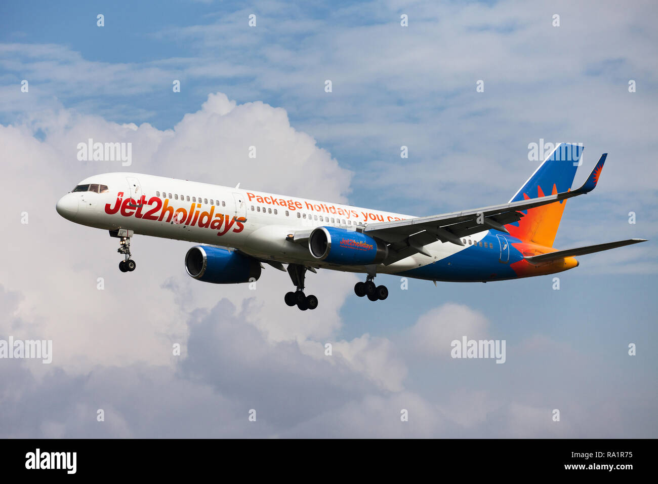 Barcelona, Spain - September 16, 2018: Jet2 Boeing 757-300 with Jet2holidays special livery approaching to El Prat Airport in Barcelona, Spain. Stock Photo