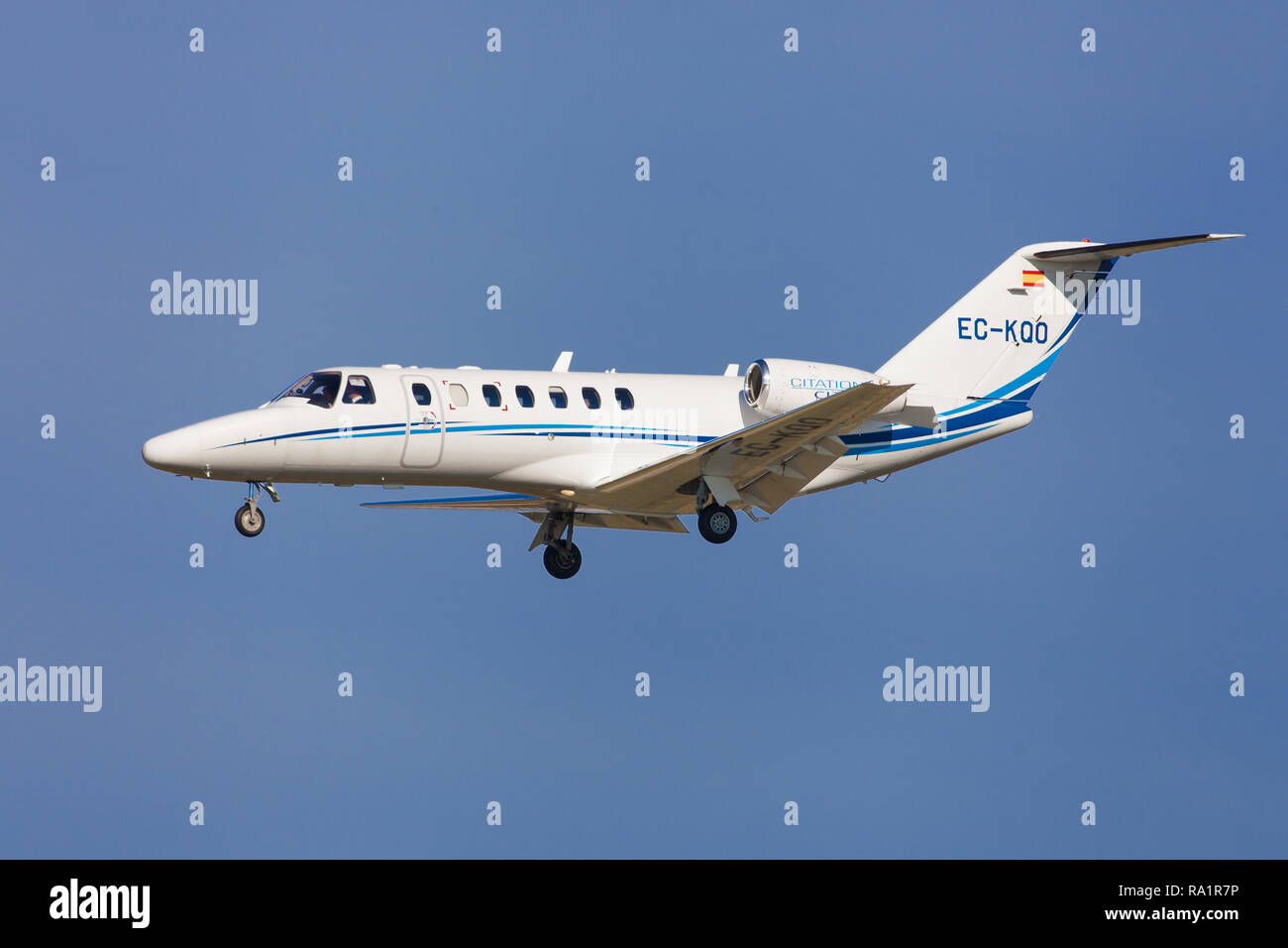 Barcelona, Spain - December 06, 2018: TAG Aviation Cessna 525B CitationJet CJ3 approaching to El Prat Airport in Barcelona, Spain. Stock Photo