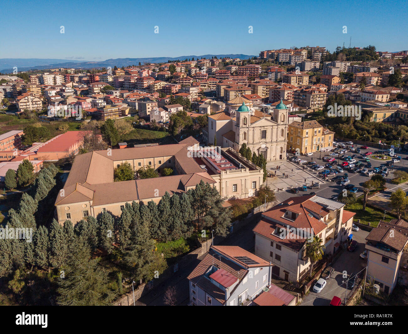 Aerial view of the Cathedral square of Santa Maria Maggiore, San Leoluca, municipal park, houses and roofs, urban area, Vibo Valentia, Calabria, Italy Stock Photo