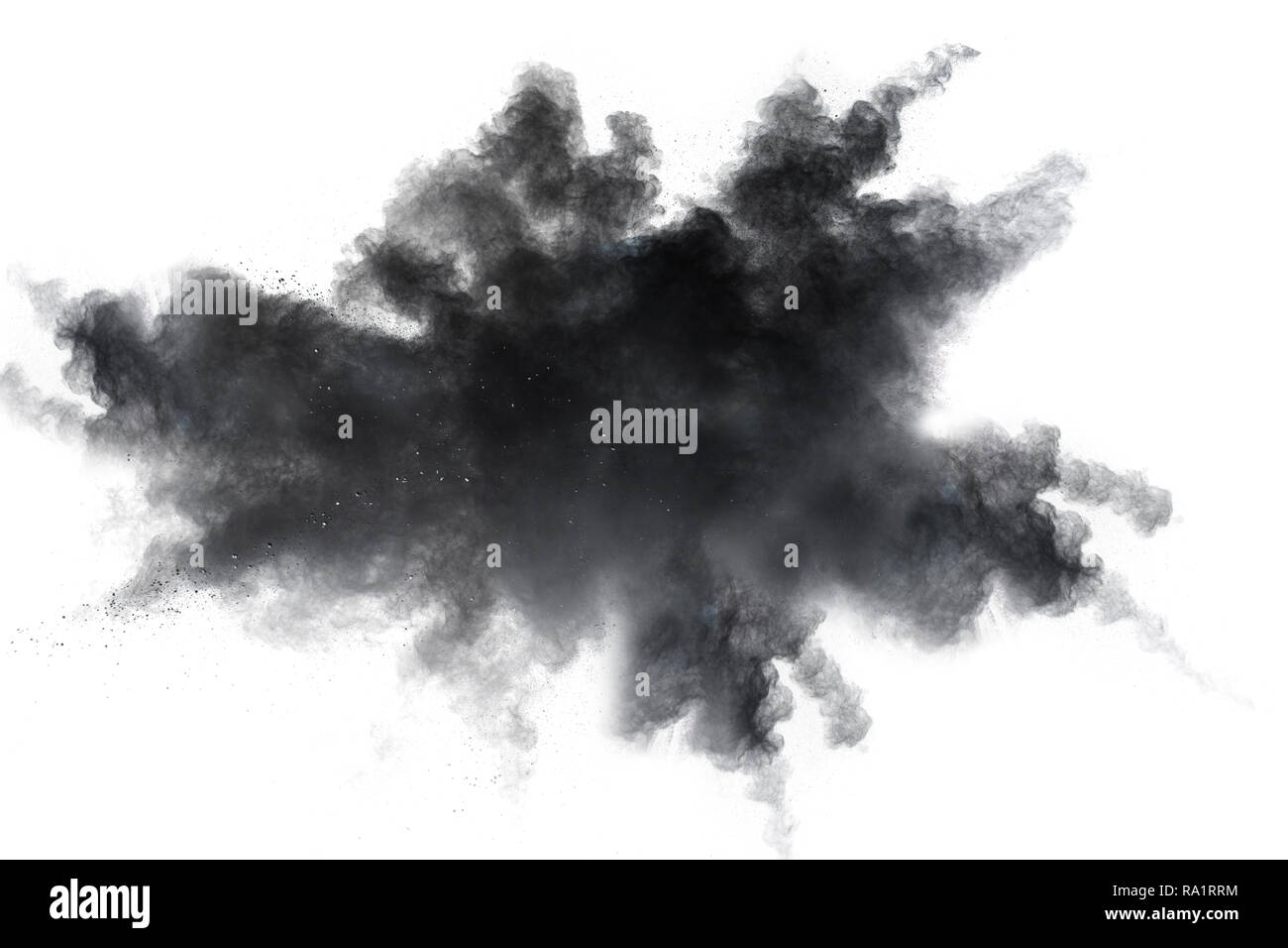 Black powder explosion against white background.The particles of ...