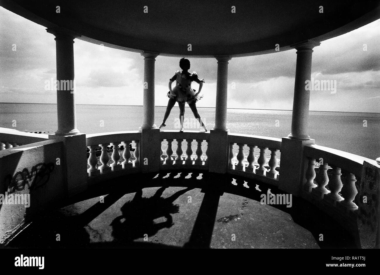Actress and Dancer Jane Bassett in her famous role as Dame Anna Peglova the three legged ballerina. She is posing on the Colonnade in Bexhill, Sussex, England, opposite the De La Warr Pavillion. Stock Photo
