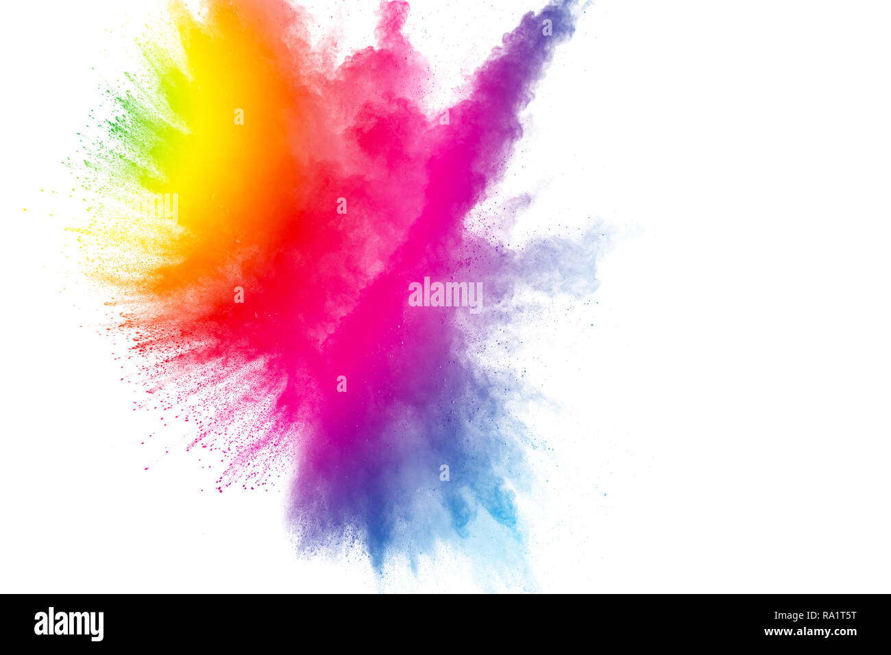 Abstract multicolored powder explosion on white background.  Freeze motion of color dust  particles splash. Painted Holi Stock Photo