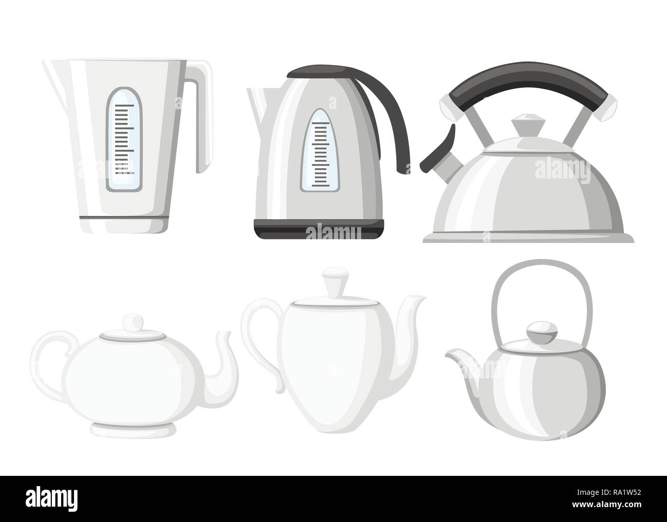 Modern kettle and teapot icon collection. Stainless steel, plastic and ceramic teapot