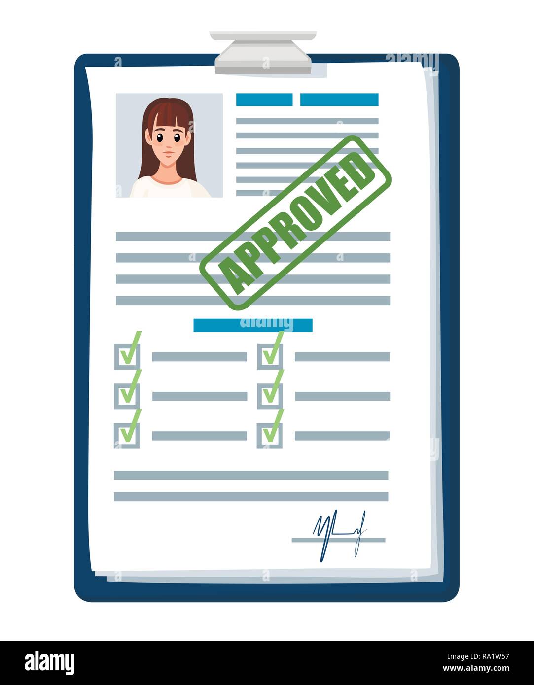 Application documents with approved stamp. Accepted application or resume. Paper form with