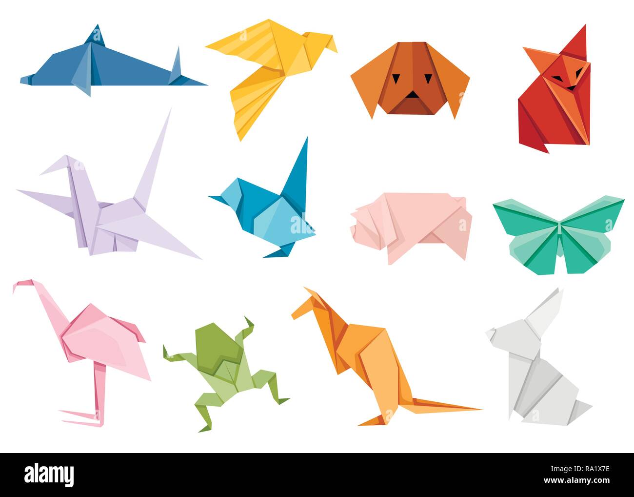 Origami japanese animal set. Modern hobby. Flat vector illustration isolated on white background. Colorful paper animals, low polygonal design. Stock Vector