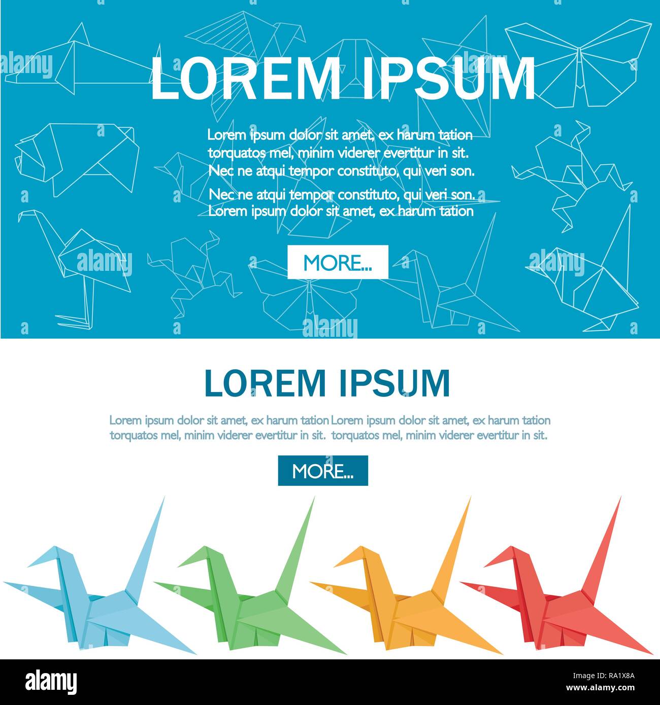 Origami japanese animal set. Modern hobby. Flat vector illustration on white background. Colorful paper animals, low polygonal design. Place for text. Stock Vector
