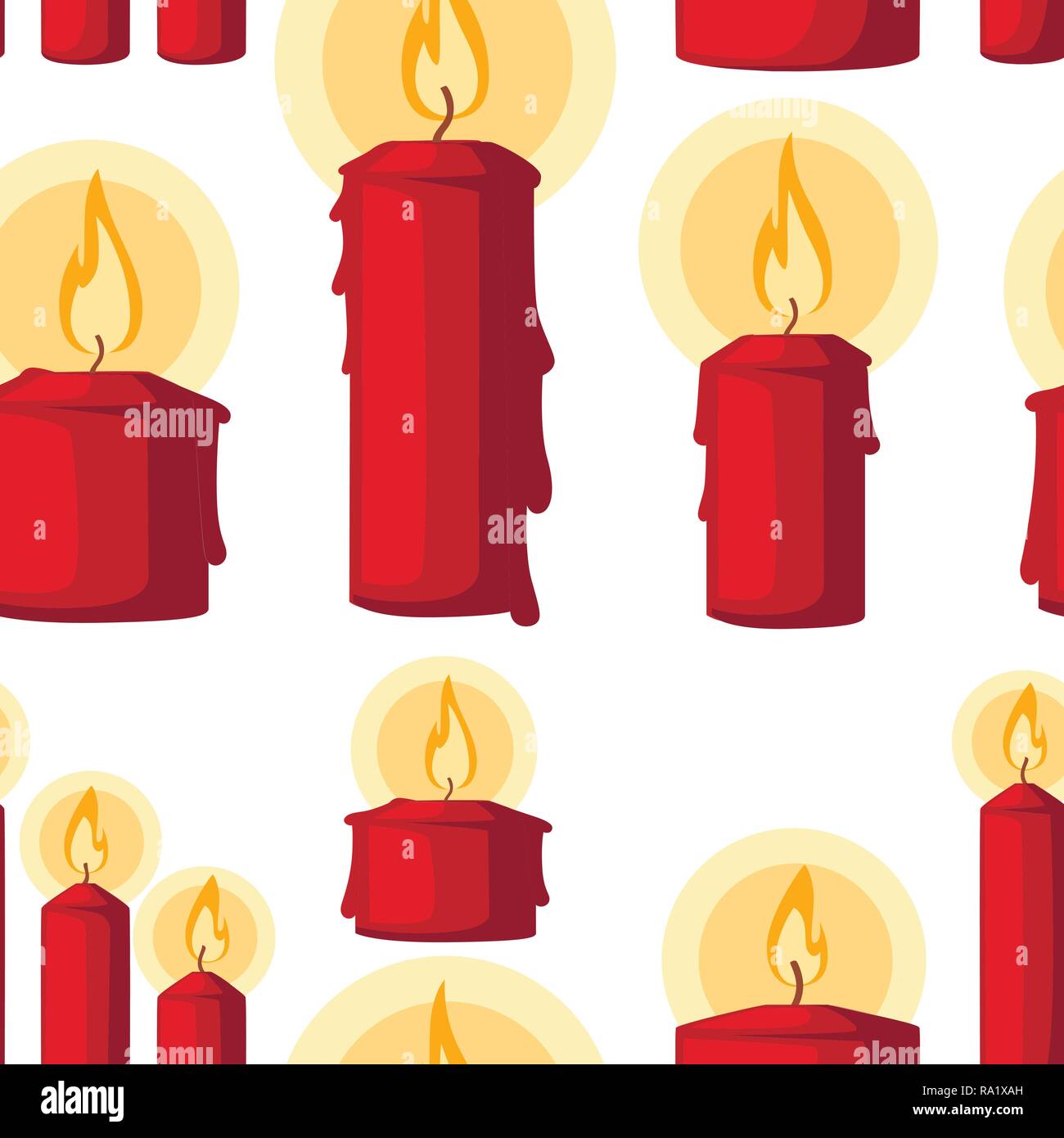 Seamless pattern. Red Christmas candle, burning wax candle. Flat vector