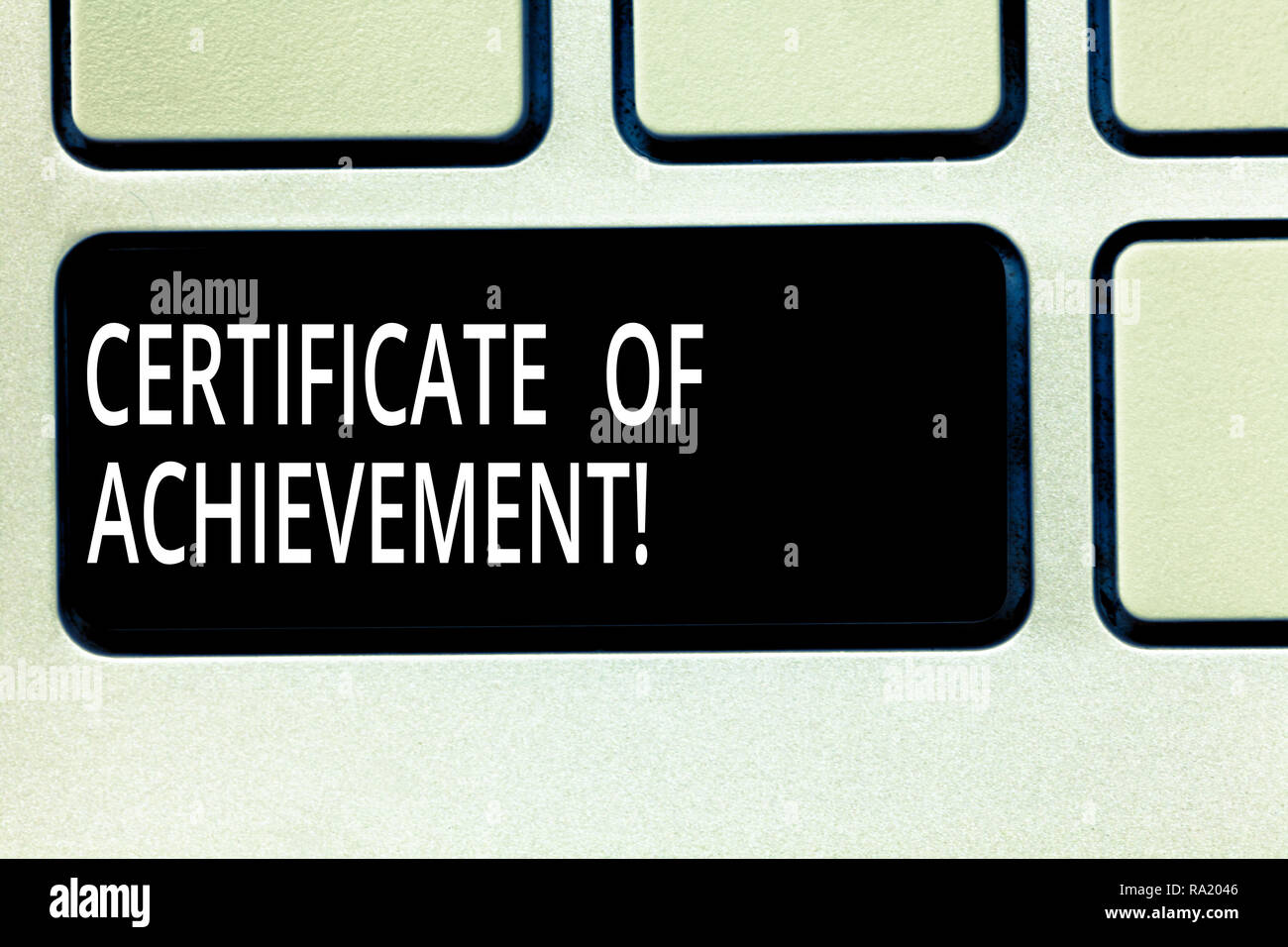 Writing note showing Certificate Of Achievement. Business photo showcasing certify that a demonstrating done exceptionally well Keyboard key Intention Stock Photo