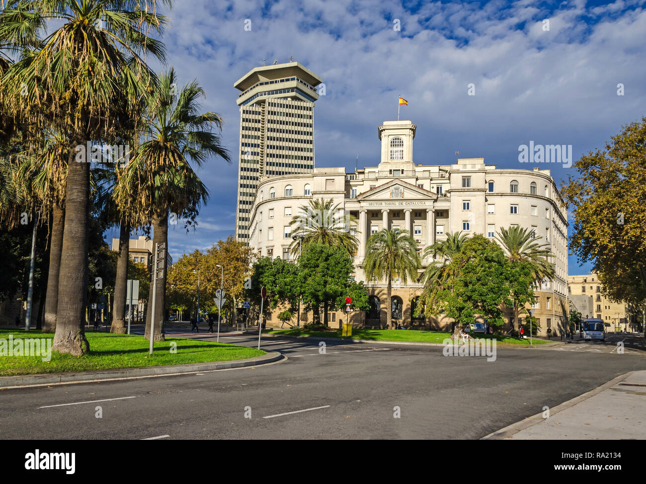 Barcelona, Spain - November 10, 2018: Building of the Military Base at the lower end of La Rambla as seen from The Columbus Monument and Edifici Colon Stock Photo