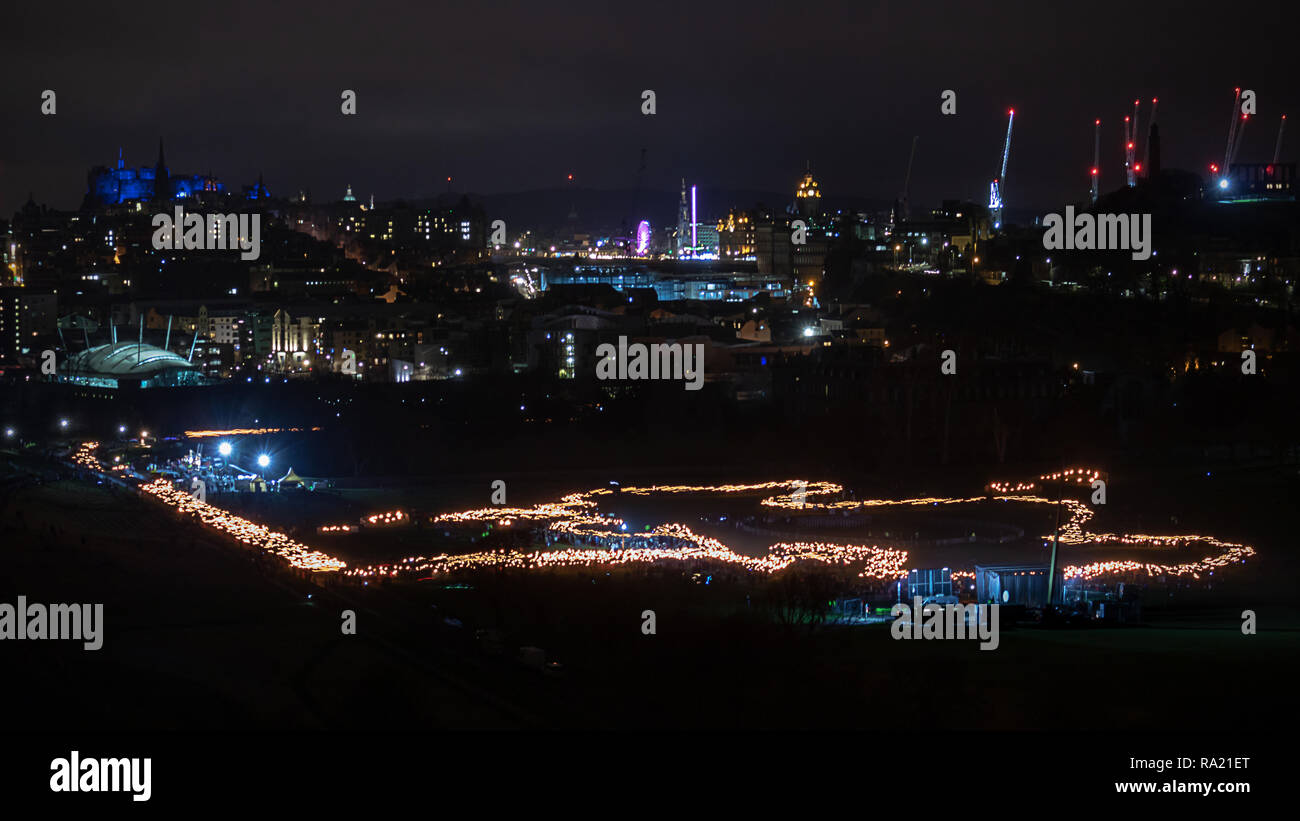 Scotland map, Holyrood Park, Edinburgh skyline. Taken from Arthur's Seat during the Hogmanay torchlight procession. Stock Photo