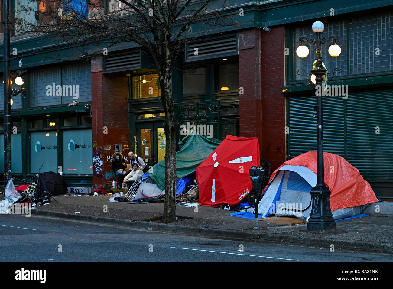 Homeless persons tents, on sidewalk, Downtown Eastside, Vancouver, British Columbia, Canada Stock Photo