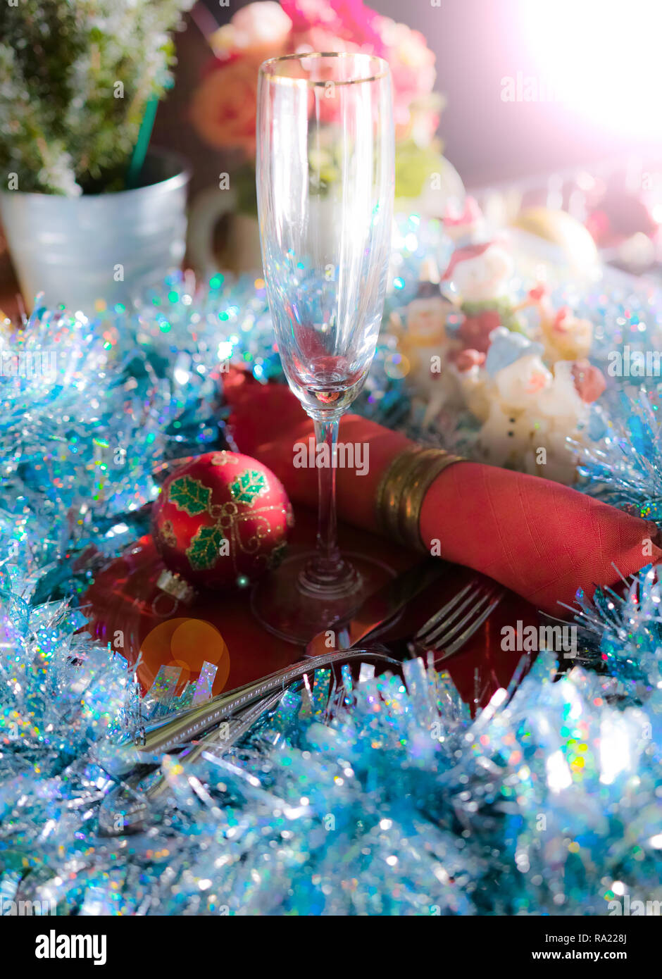 A richly decorated table for the Christmas party or New Year's Eve. Stock Photo
