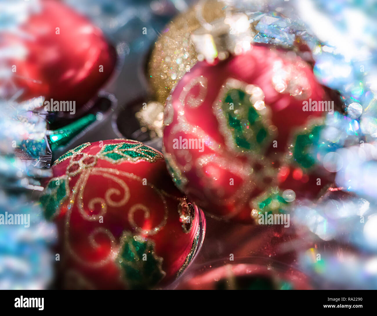 Christmas balls richly decorated. Close-up. Stock Photo