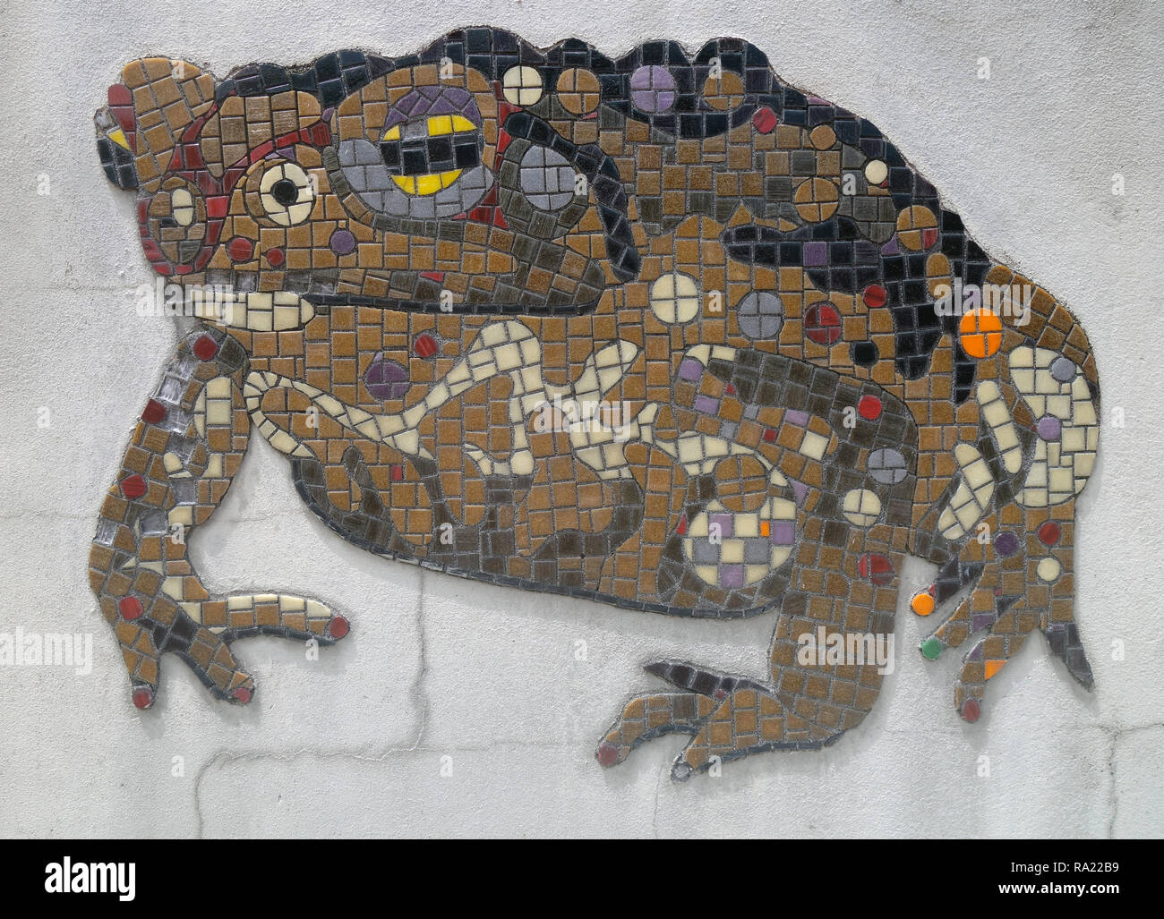 Detail of cane toad mosaic at Cane Toad World, celebrating the site where these now notorious invasive pests were first released in Australia, Gordonv Stock Photo