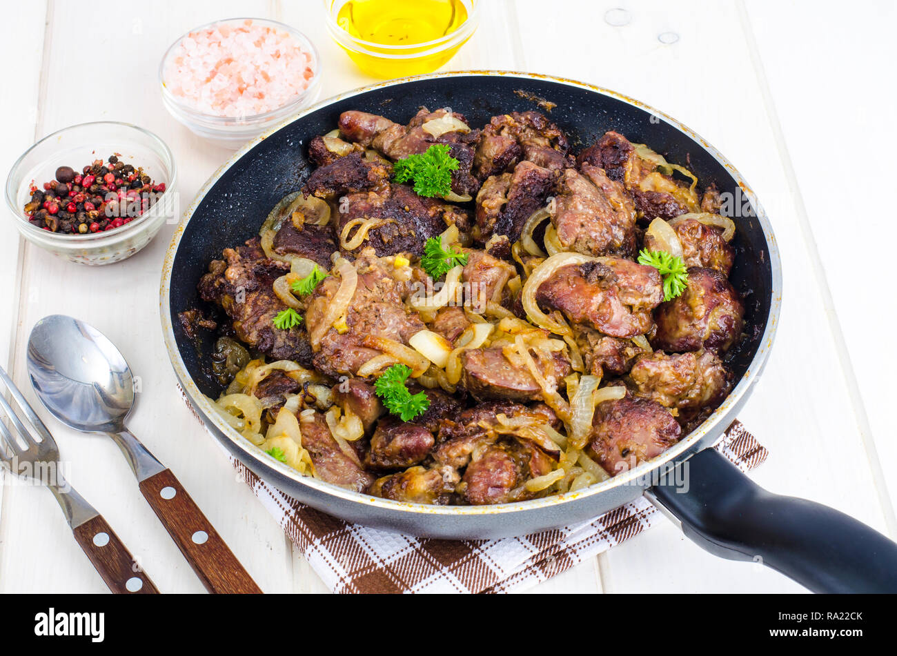 Frying pan with fried chicken giblets. Studio Photo Stock Photo Alamy