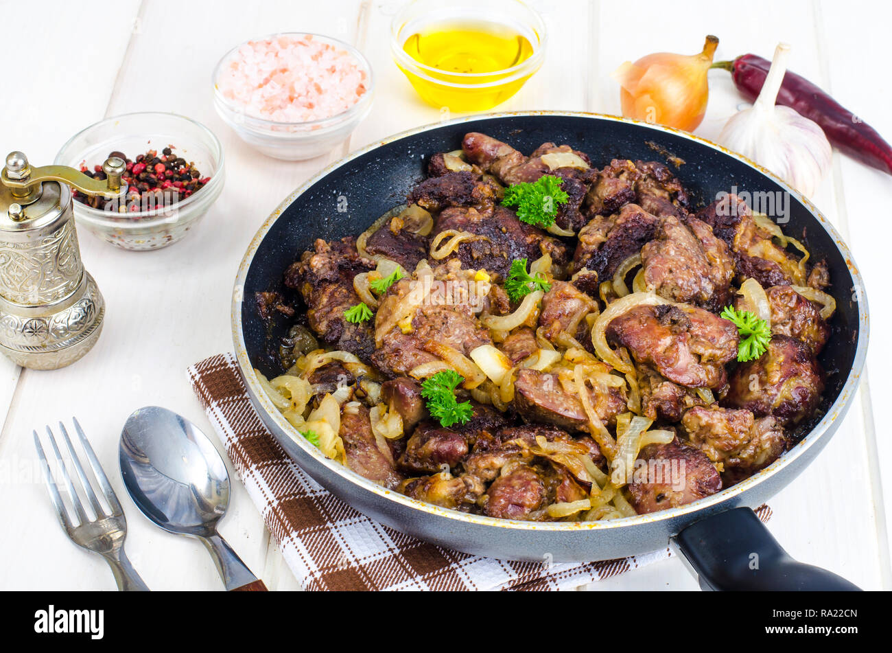 Frying pan with fried chicken giblets. Studio Photo Stock Photo Alamy