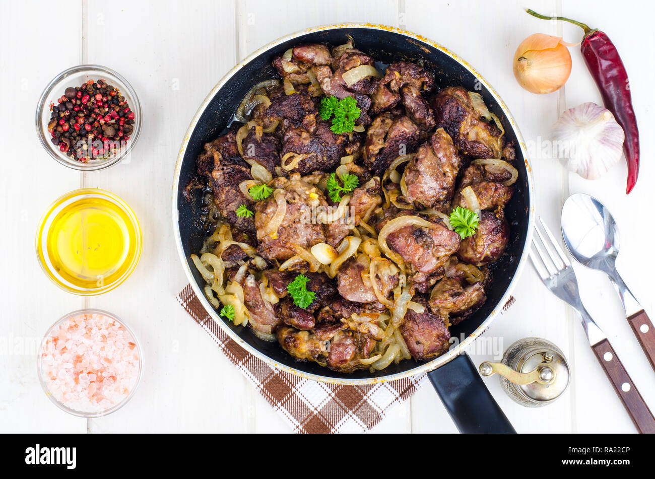 Frying pan with fried chicken giblets. Studio Photo Stock Photo Alamy