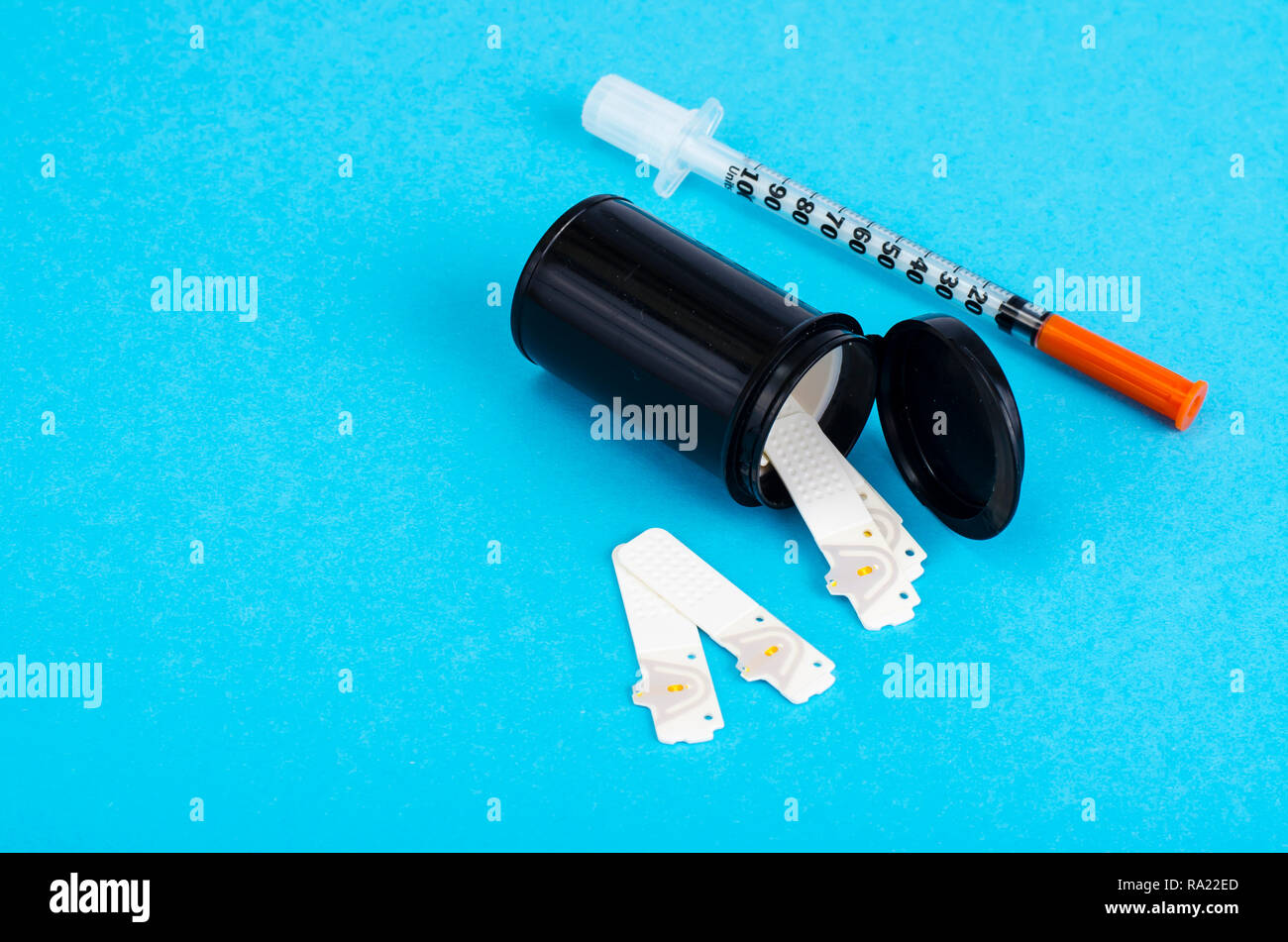 Blood test strips, diabetic control and diagnosis. Studio Photo Stock