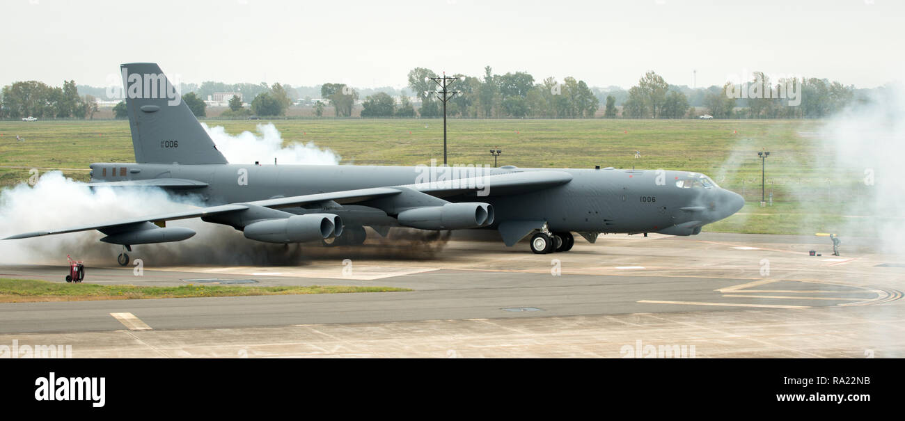 A B-52 Stratofortress has its engine cart started during Global Thunder 2019 at Barksdale Air Force Base, La., Nov. 5, 2018. Global Thunder is an annual U.S. Strategic Command (USSTRATCOM) exercise designed to provide training opportunities to test and validate command, control and operational procedures. The training is based on a notional scenario developed to drive execution of USSTRATCOM and component forces' ability to support the geographic combatant commands, deter adversaries and, if necessary, employ forces as directed by the President of the United States.  (U.S. Air Force photo by C Stock Photo