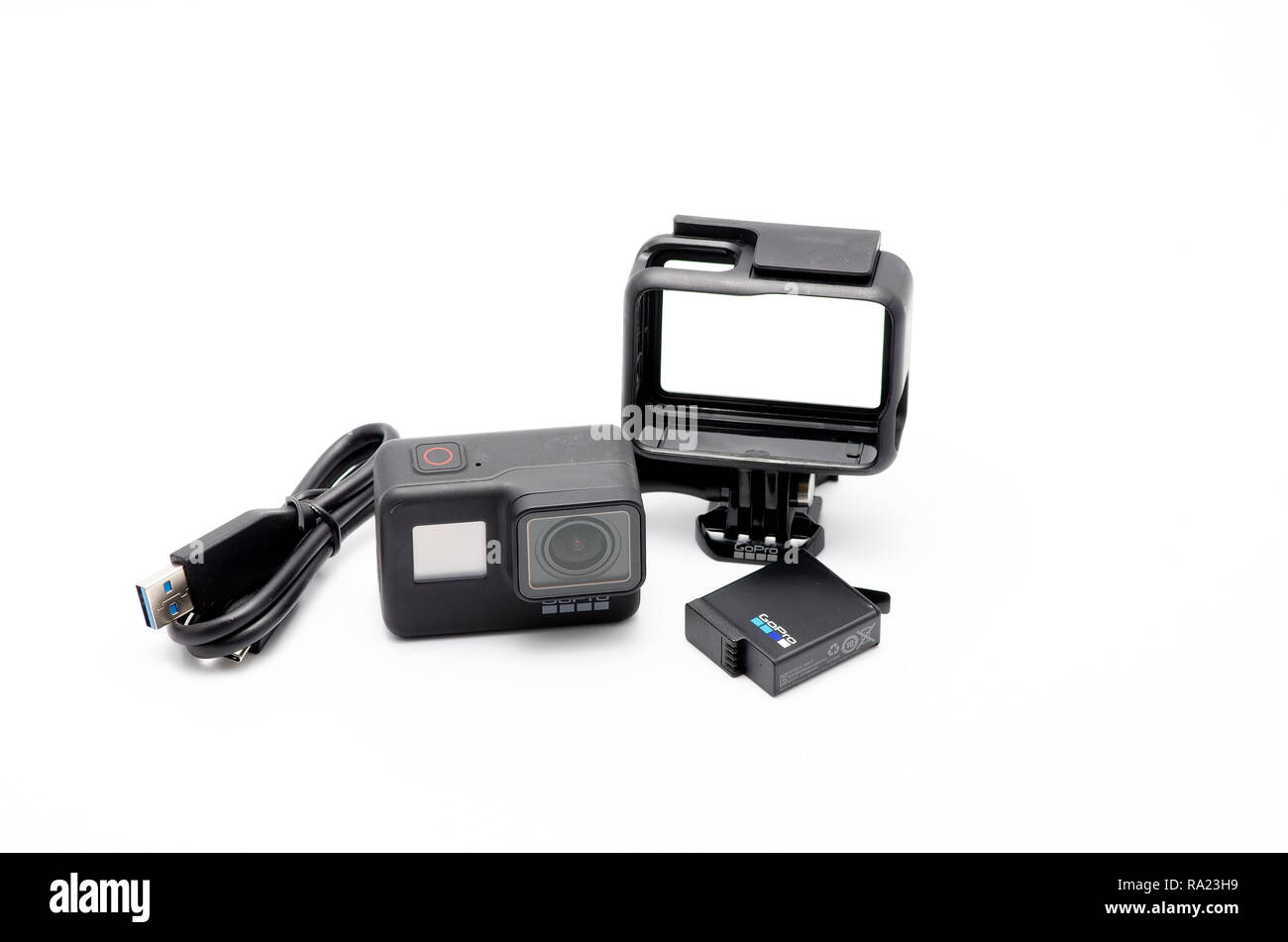 Gopro Hero 7 black with accessories in white background Stock Photo - Alamy
