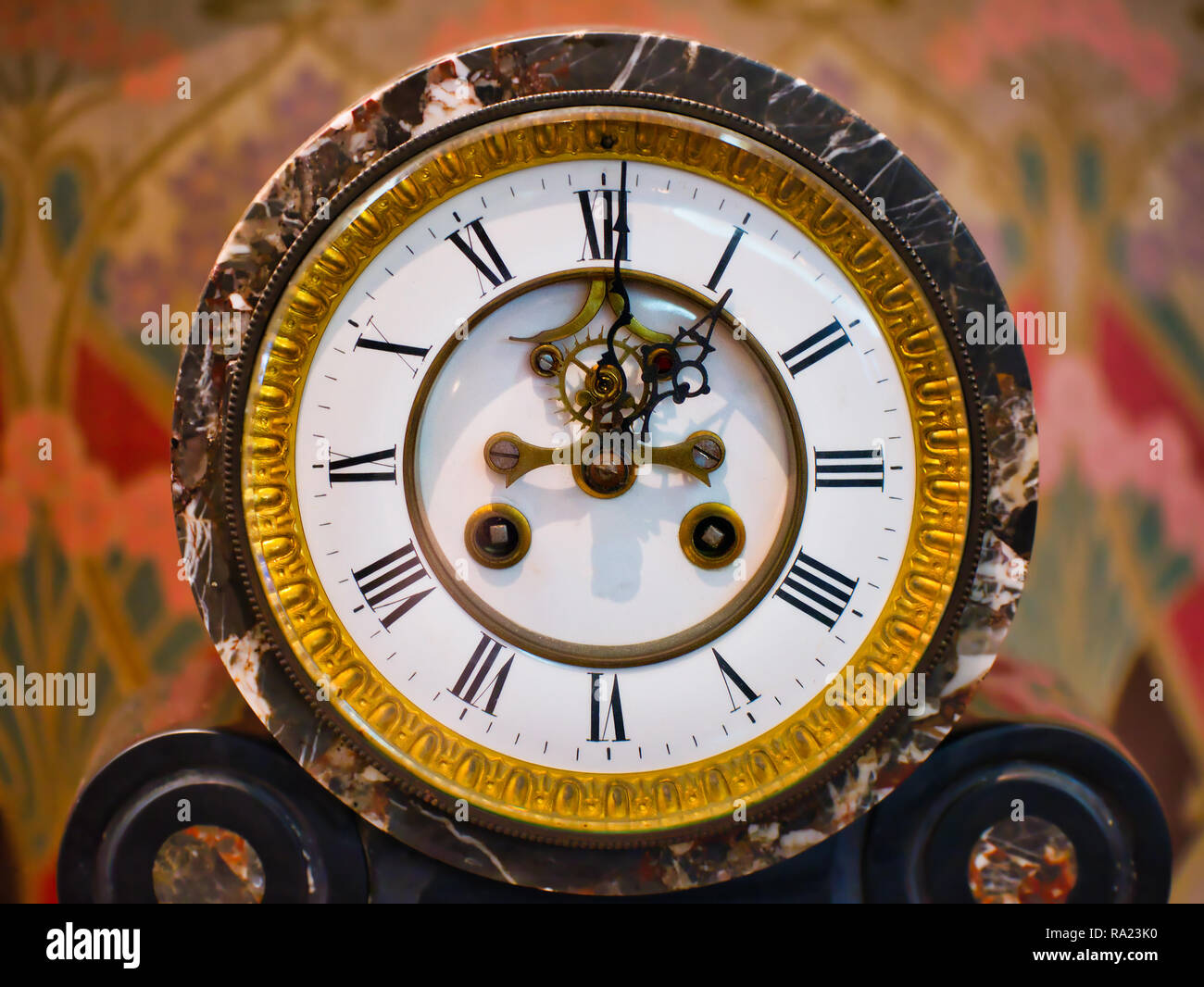Closeup Clock retro with roman number over vintage wallpaper Stock ...