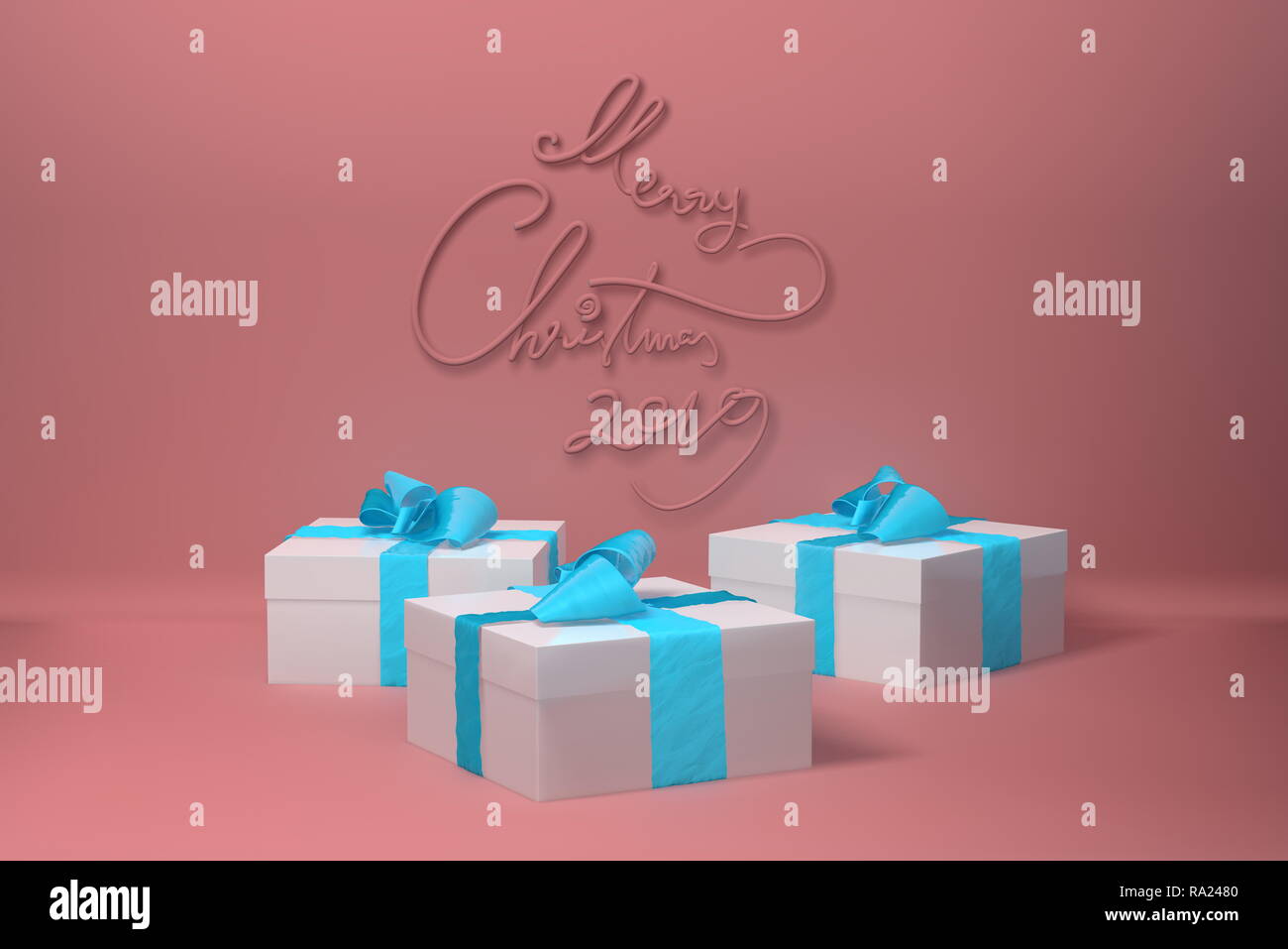 Merry Christmas 2019 lettering written in pink color wall and three present gift boxes with bows beside. 3d illustration Stock Photo