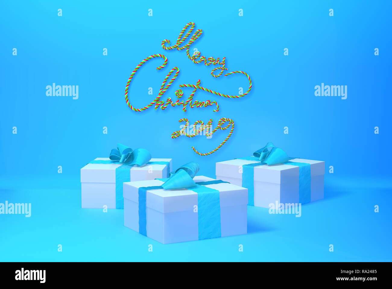Merry Christmas 2019 lettering written by colorful stripe on blue wall and three present gift boxes with bows beside. 3d illustration Stock Photo
