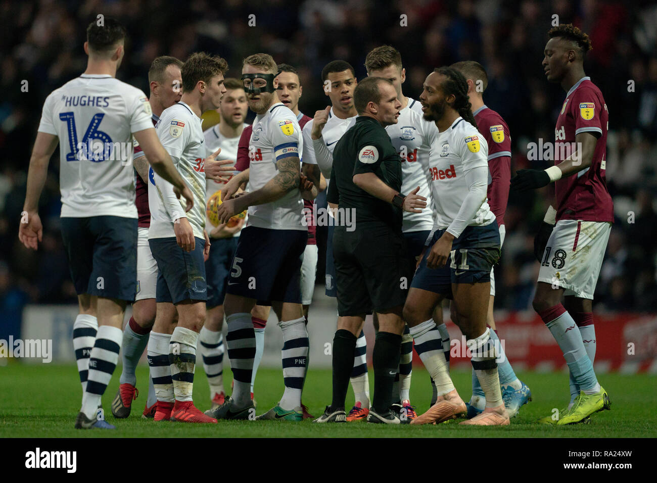 Tempers flare at the match following a tackle on Aston Villa's John McGinn by Preston North End's Daniel Johnson  29th December 2018, Deepdale, Preston, England; Sky Bet Championship, Preston North End vs Aston Villa ;    Credit: Terry Donnelly/News Images  English Football League images are subject to DataCo Licence Stock Photo