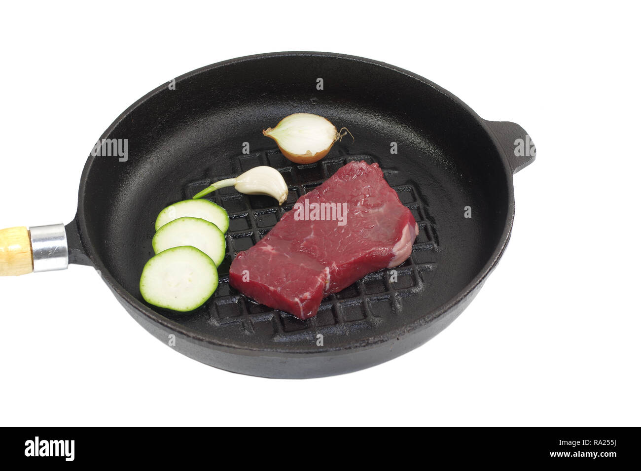black pan with beef meat and onion Stock Photo