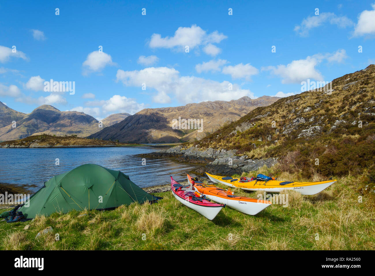 Wild camping and Sea kayaking on Loch Hourn, Knoydart, Highlands, Scotland Stock Photo