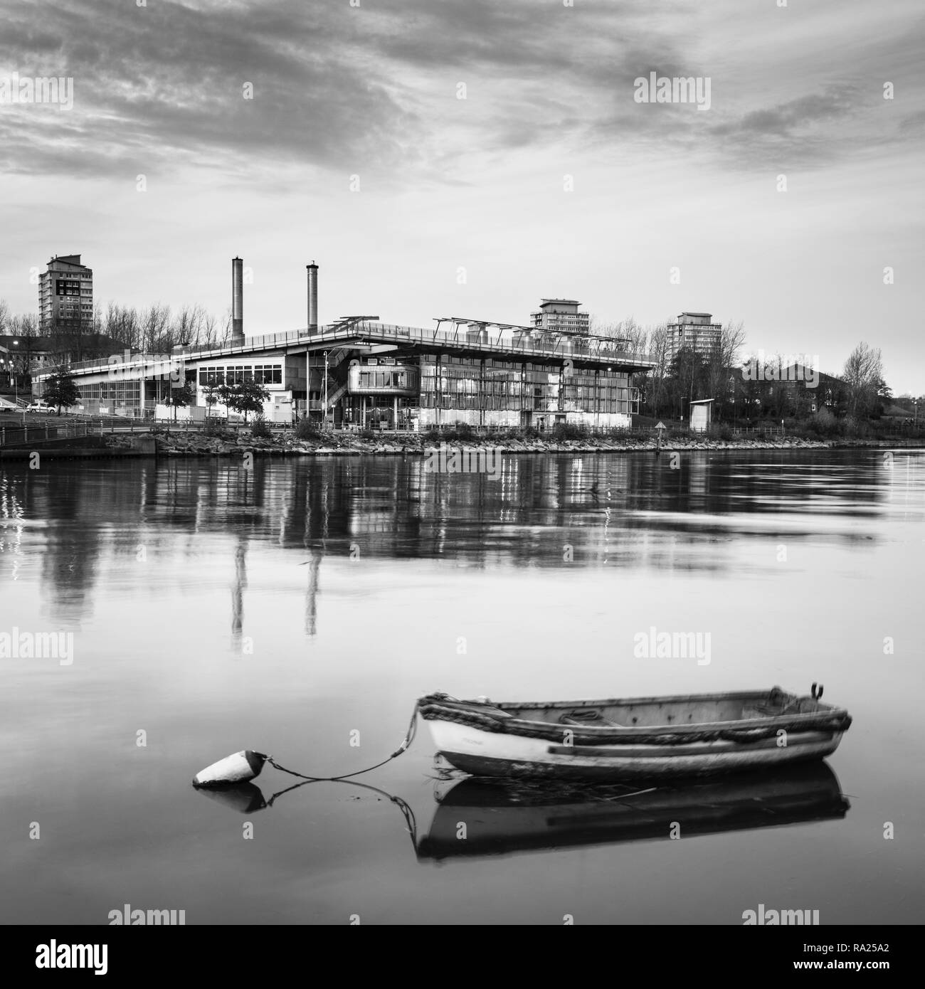 River Wear Fish Quay, fishing boat in foreground, looking across the calm river towards the National Glass Centre Stock Photo